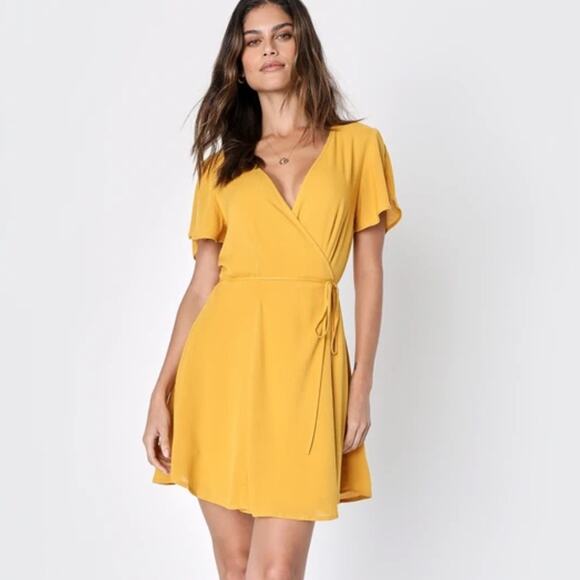 Lulu's Harbor Point Mustard Yellow Flutter Sleeve Wrap Dress Small - Picture 1 of 8